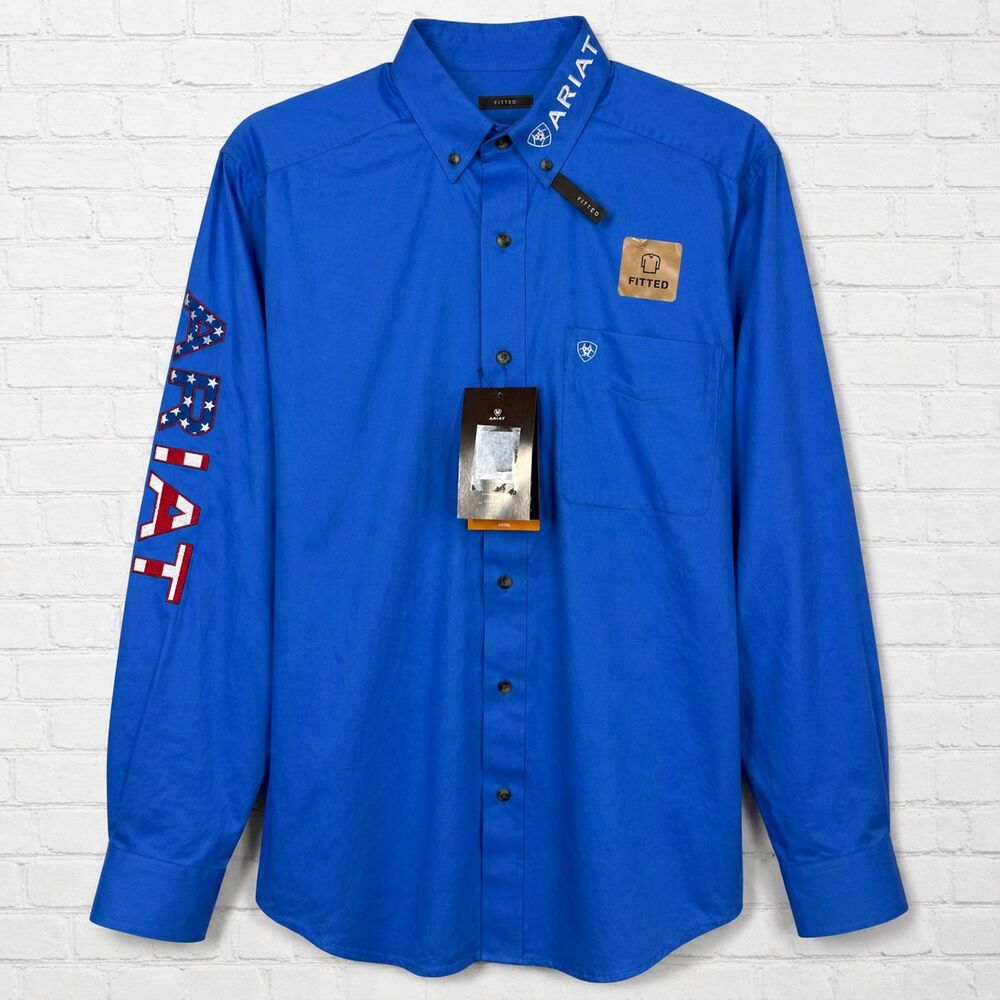 Ariat Fitted Western Shirt Men Medium Blue Long Sleeve Team Logo Twill Rodeo